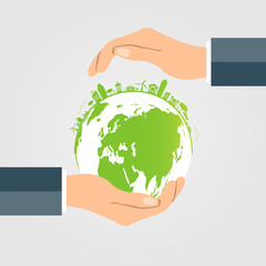 The world in your hands ecology concept.Green cities help the world with eco-friendly concept idea.with globe and tree background.vector illustration