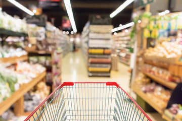 Empty shopping cart with Abstract supermarket grocery store blurred defocused background with bokeh light
