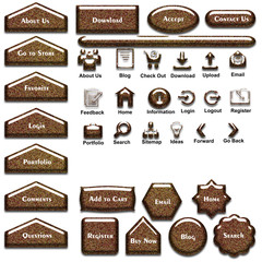 A set of web elements which include different sizes and shapes of buttons, text, and icons.