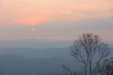 Morning sunrise on a beautiful hilltop. This is the beginning of the day.