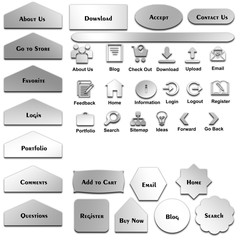 A set of web elements which include different sizes and shapes of buttons, text, and icons.