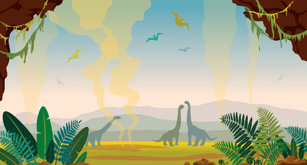 Prehistoric nature landscape with cave, dinosaurs and fern.