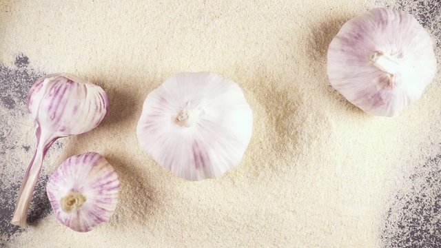 Slow motion head of garlic falls on garlic powder on a gray background from under the camera