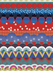 Japanese tribal pattern red blue white teal. Seamless vector pattern.