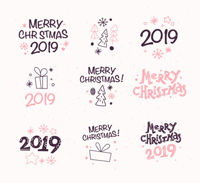 Vector collection of Merry Christmas congratulation compositions with text and outline traditional decor icons - fir tree, snowflake, gift box, cone, star etc. Winter holiday sticker set. Line art.