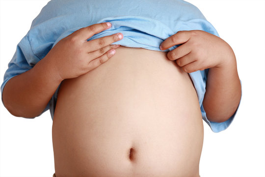 Fat boy open shirt Big belly show because eat a lot.