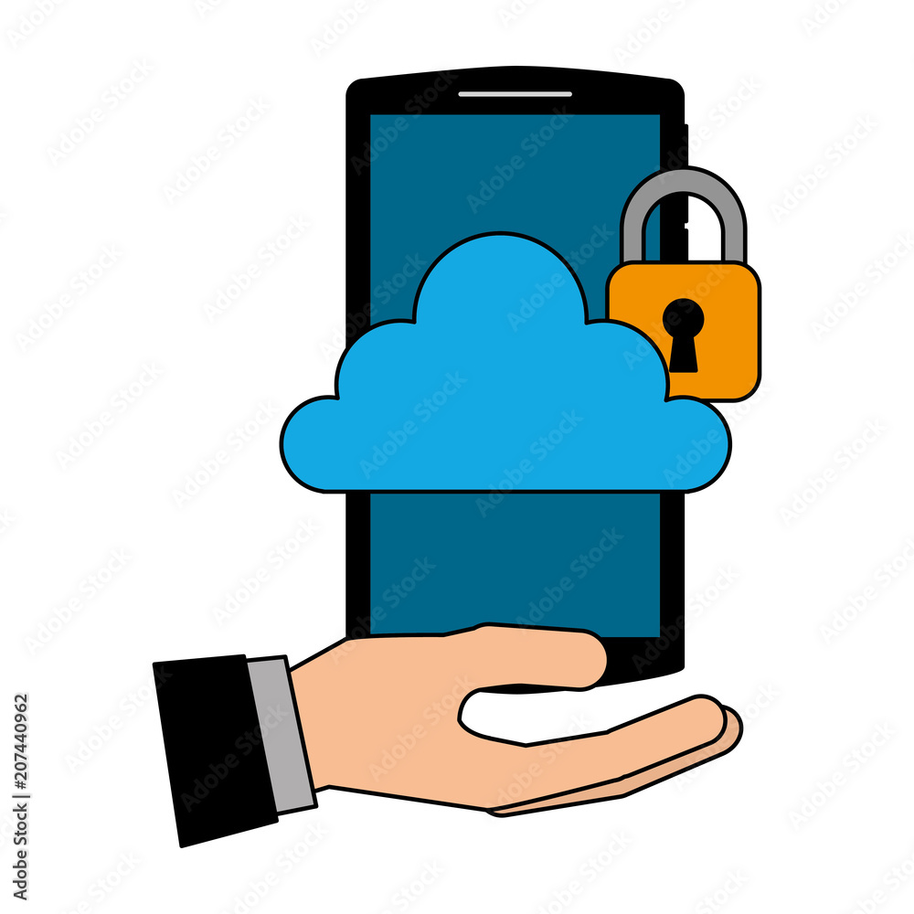 Sticker hand with smartphone and cloud computing isolated icon vector illustration design