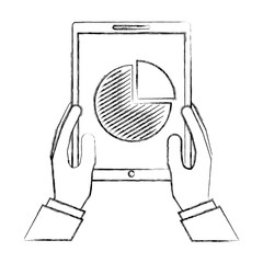 hands with tablet device and graphic statistics isolated icon vector illustration design