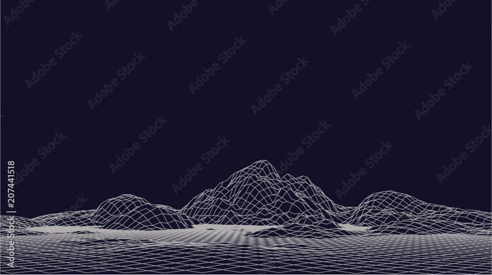 Poster Abstract vector wireframe landscape. Abstract mesh landscapes. Polygonal mountains. Vector illustration.