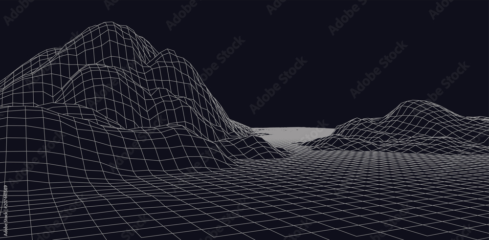 Poster abstract vector wireframe landscape. abstract mesh landscapes. polygonal mountains. vector illustrat