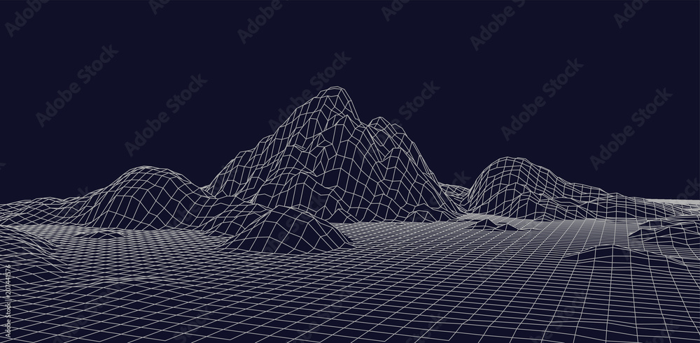 Poster abstract vector wireframe landscape. abstract mesh landscapes. polygonal mountains. vector illustrat