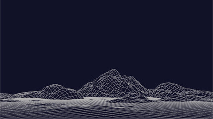 Abstract vector wireframe landscape. Abstract mesh landscapes. Polygonal mountains. Vector illustration. - obrazy, fototapety, plakaty