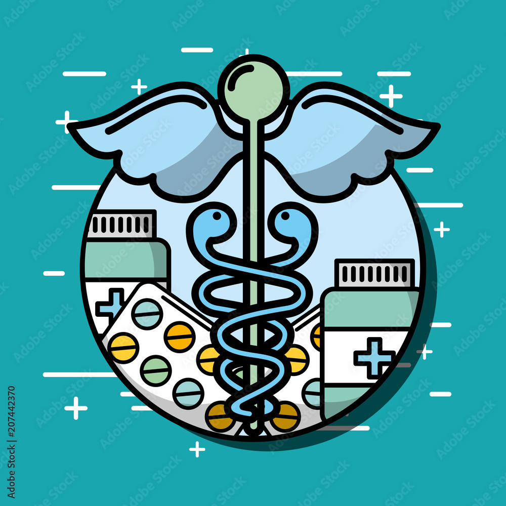 Sticker caduceus bottle medication mental health care vector illustration