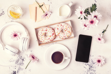 Breakfast - coffee, tephon, headphones.