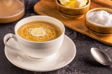 Bulletproof coffee, blended with organic  butter and MCT coconut oil