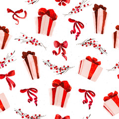 Vector artistic seamless pattern for Merry Christmas holiday with hand drawn watercolor decor elements - holly berry, red bow, gift box isolated on white background. Packaging paper, cards design.
