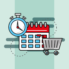 shopping cart calendar and stopwatch logistics and delivery  vector illustration  