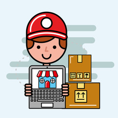 delivery man laptop market online ordering logistic service  vector illustration  