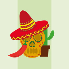 viva mexico celebration skull with cactus chili pepper red traditional hat vector illustration