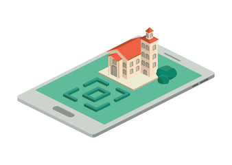 smartphone with camp and building isometric vector illustration design