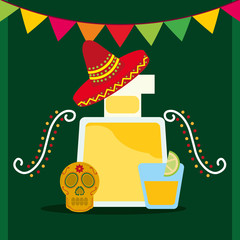 viva mexico celebration green background balloons bottle liquor lemon skull vector illustration