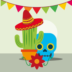 viva mexico celebration blue skull cactus with hat pretty flower colorful balloons vector illustration
