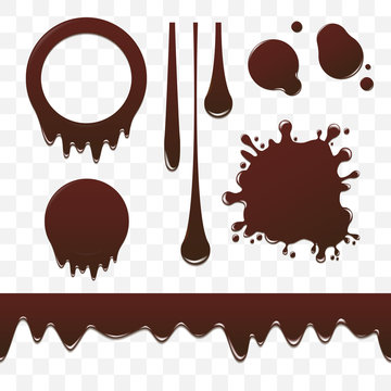 Set of chocolate elements, drops and splashes on transparent background