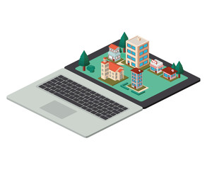computer laptop and building scene isometric icon vector illustration design