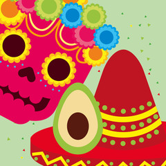 viva mexico celebration skull flowers avocado and hat vector illustration