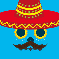 viva mexico celebration blue background skull mustache and hat vector illustration