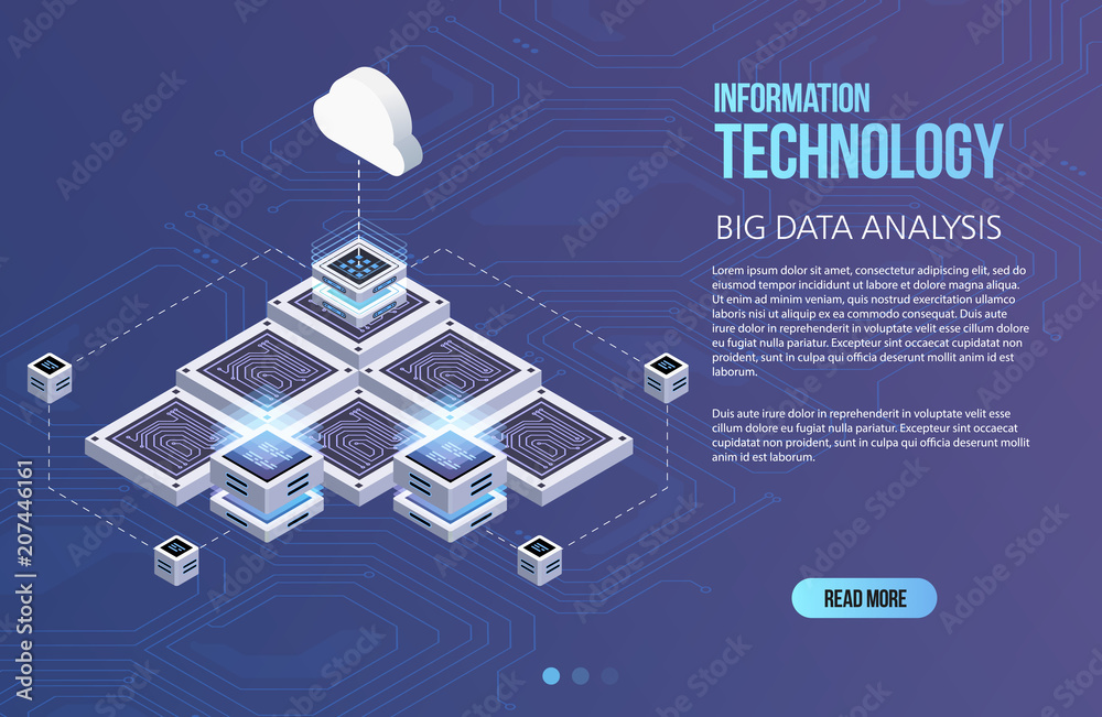 Poster concept of big data processing, isometric data center, vector information processing and storage. cr