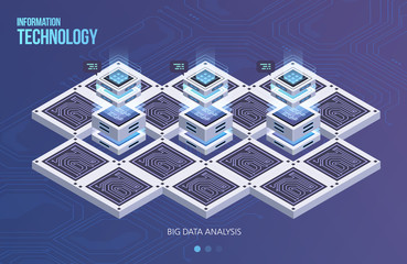 Concept of big data processing, Isometric data center, vector information processing and storage. Creative illustration with abstract geometric elements.