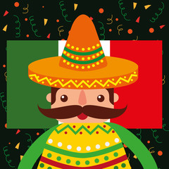 mexican man with hat and poncho mexican flag confetti celebration vector illustration