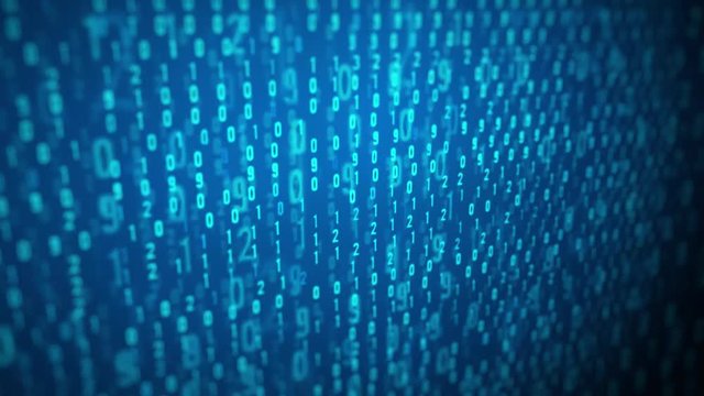 Focused Computer Screen With Binary Code Loop/
Animation of a binary code with digits and numbers on on focused blue screen with camera effect