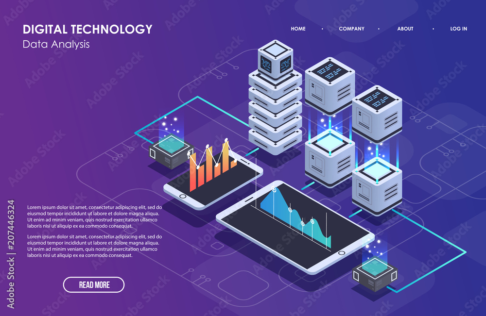 Poster concept of big data processing, isometric data center, vector information processing and storage. cr