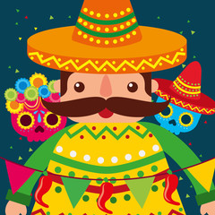 mexican man with hat and poncho skulls decoration confetti vector illustration
