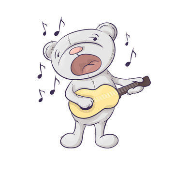 A singing cute cartoon bear with a guitar.