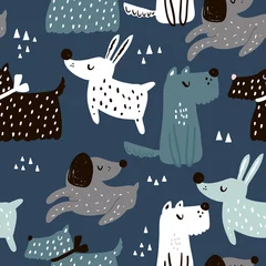 Wallpaper murals Dogs Childish seamless pattern with hand drawn dogs. Trendy scandinavian vector background. Perfect for kids apparel,fabric, textile, nursery decoration,wrapping paper