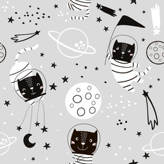 Motif enfantin sans couture avec des astonautes de chat dans le spase. Style tendance noir et blanc. Texture créative d& 39 enfants scandinaves pour le tissu, l& 39 emballage, le textile, le papier peint, l& 39 habillement. Illustration vectorielle