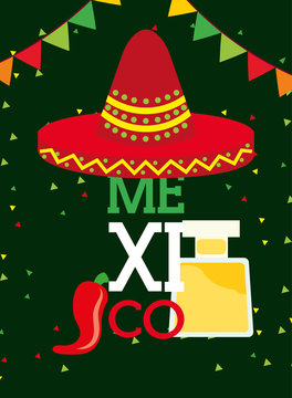 red hat and tequila drink chili pepper pennant viva mexico vector illustration