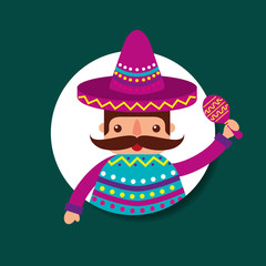 mexican man mustache with hat poncho holding maracas vector illustration