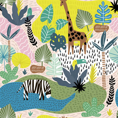Seamless pattern with giraffe, zebra,tucan, and tropical landscape. Creative jungle childish texture. Great for fabric, textile Vector Illustration
