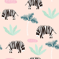 Seamless pattern with zebra and palm tree. Creative jungle childish texture. Great for fabric, textile Vector Illustration