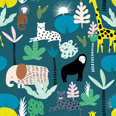 Seamless pattern with giraffe, leopard,tucan, elephant and tropical flora. Creative jungle childish texture. Great for fabric, textile Vector Illustration © solodkayamari