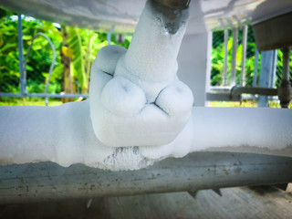 Close up of container with liquid nitrogen,Cold metal pipe smoking from transferring liquid nitrogen