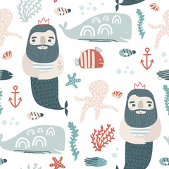 Seamless childish pattern ocean king and undersee elements . Creative scandinavian kids texture for fabric, wrapping, textile, wallpaper, apparel. Vector illustration
