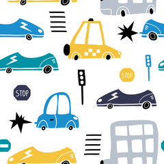 Naadloze patroon met de hand getekende schattige auto. Cartoon auto& 39 s, verkeersbord, zebrapad vectorillustratie. Perfect voor kinderen stof, textiel, kinderkamer behang