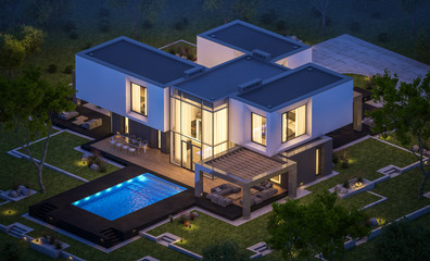 3d rendering of modern house in the garden at night