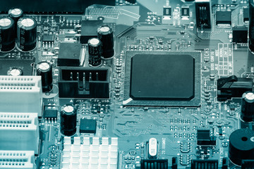 Electronic components are mounted on the device board Chips diodes capacitors chokes