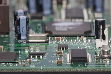 Electronic components are mounted on the device board Chips diodes capacitors chokes